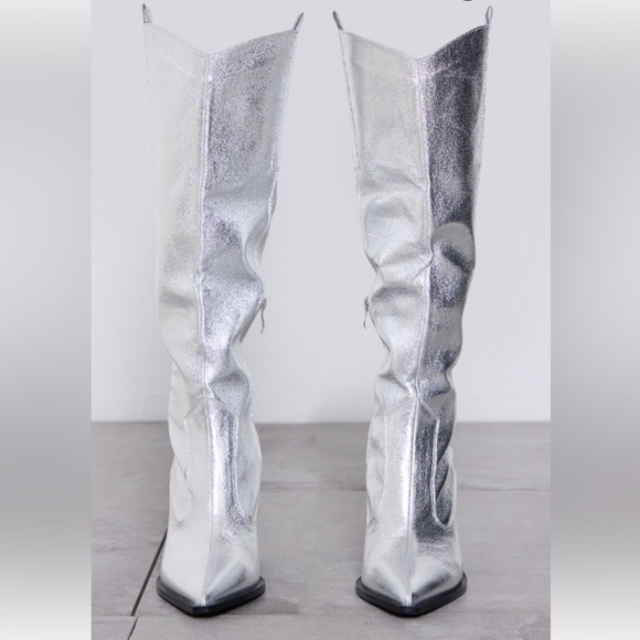 Silver Metallic Western Pointed Wedge Heeled Knee Boots - Picture 4 of 7